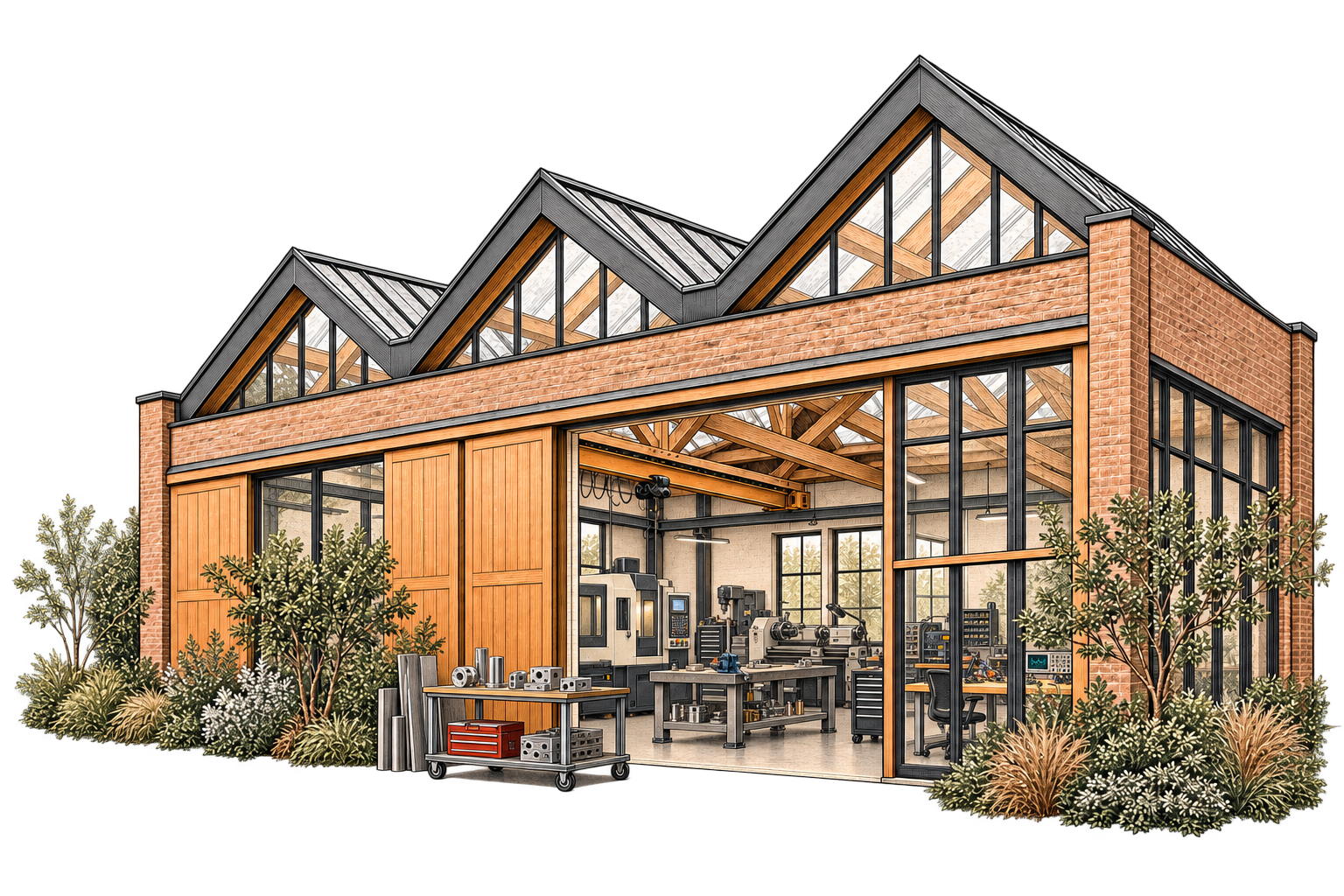 Conceptual illustration of a brick and timber residency workshop with a CNC mill, metal lathe, and electronics benches